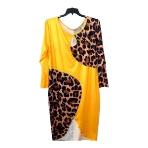 Leopard Print Yellow Asymmetrical Knit Long Sleeve Midi Dress 2XL